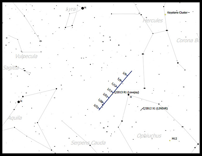 Карта наблюдений кометы C/2013 R1 (Lovejoy) на январь 2014. Источник: cometchasing.skyhound.com